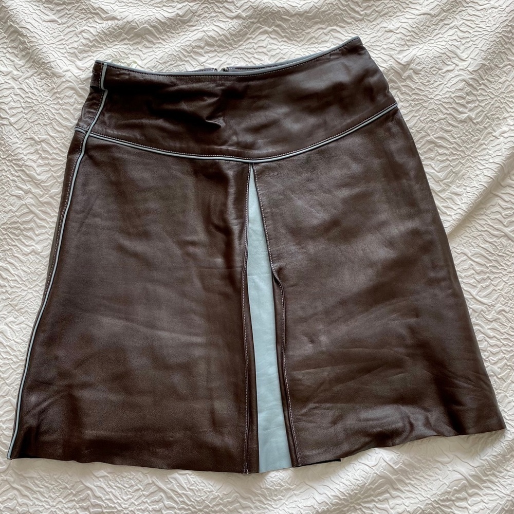 Leather skirt Brown with blue slit and stitching 2